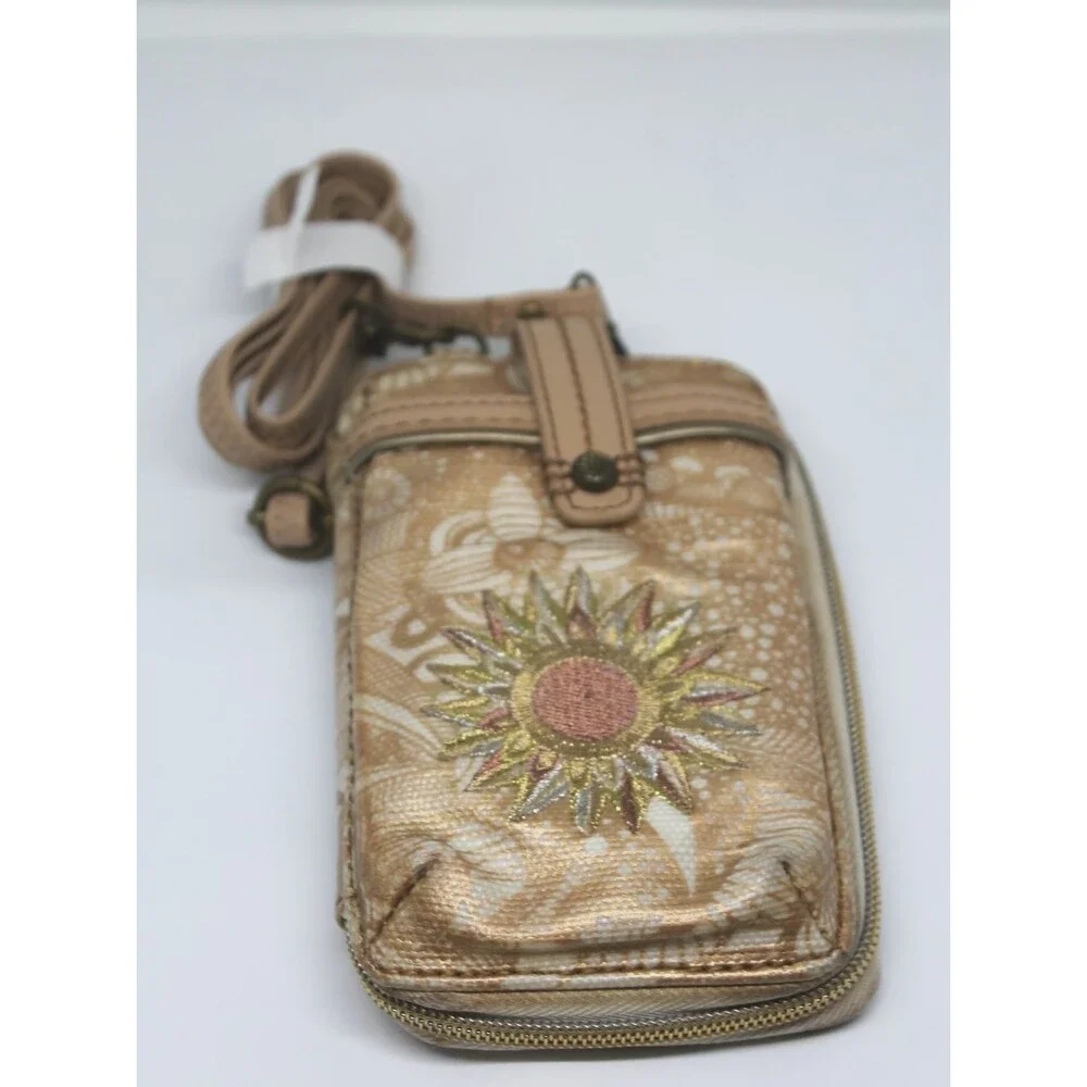 Sakroots Wallet/wristlet/cell phone purse w/Crossbody Strap Gold Celestial Sun